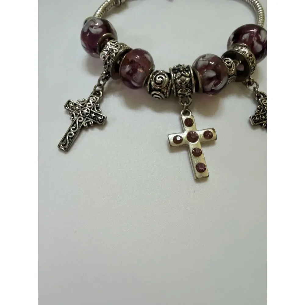 CROSS FAITH DANGLE CHARM BRACELET PURPLE‎ SILVERTONE CHUNKY 8” Y2K